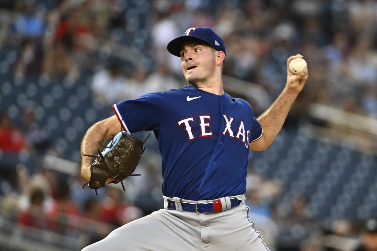 Jul 7, 2023; Washington, District of Columbia, USA; Texas Rangers starting pitcher Cody Bradford (61) throws to the Washington Nationals during the fourth inning at Nationals Park. Mandatory Credit: Brad Mills-USA TODAY Sports